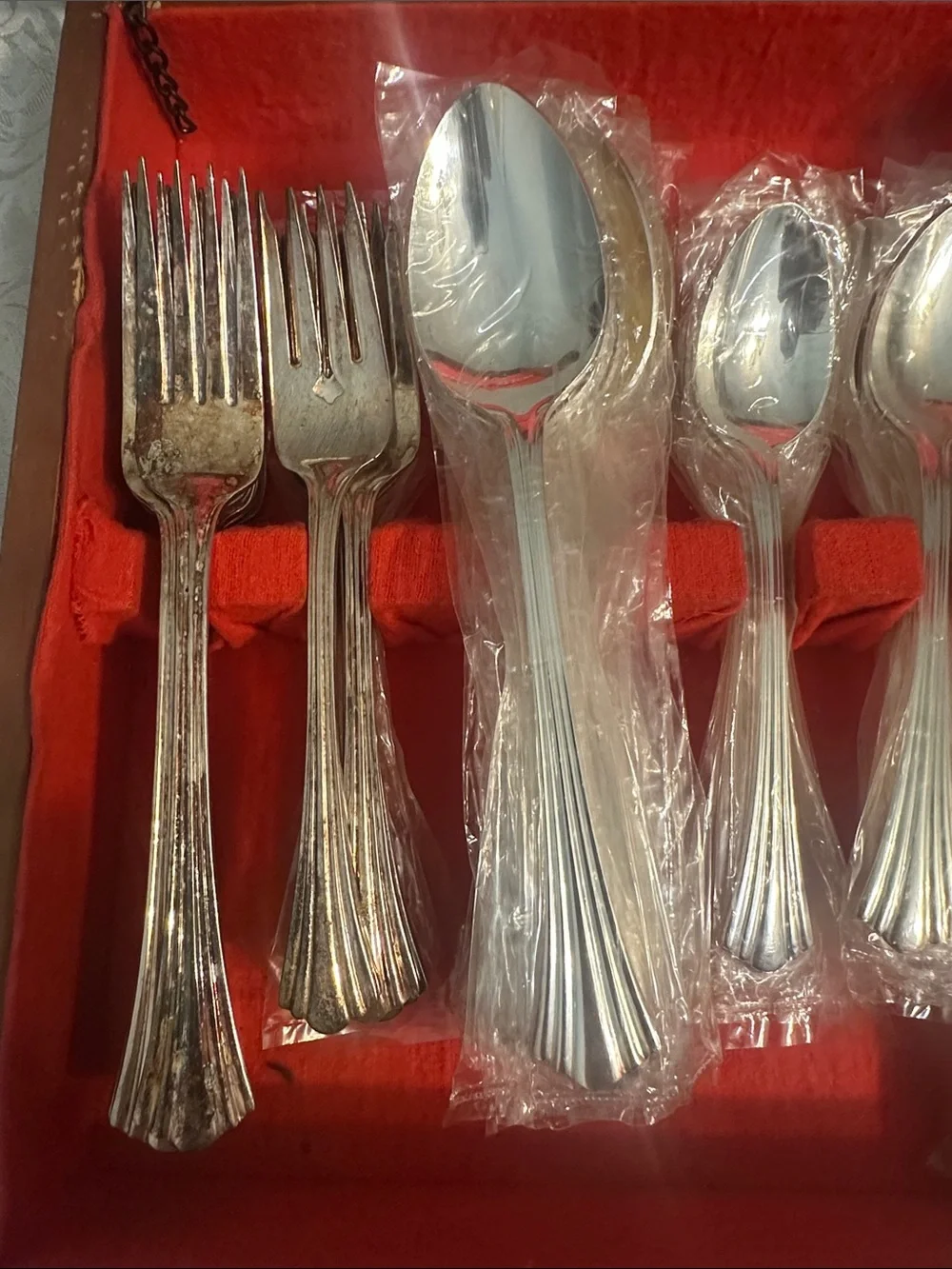 Classic Silver-Plated Flatware Set in Red Velvet Case. Used and factory sealed.
